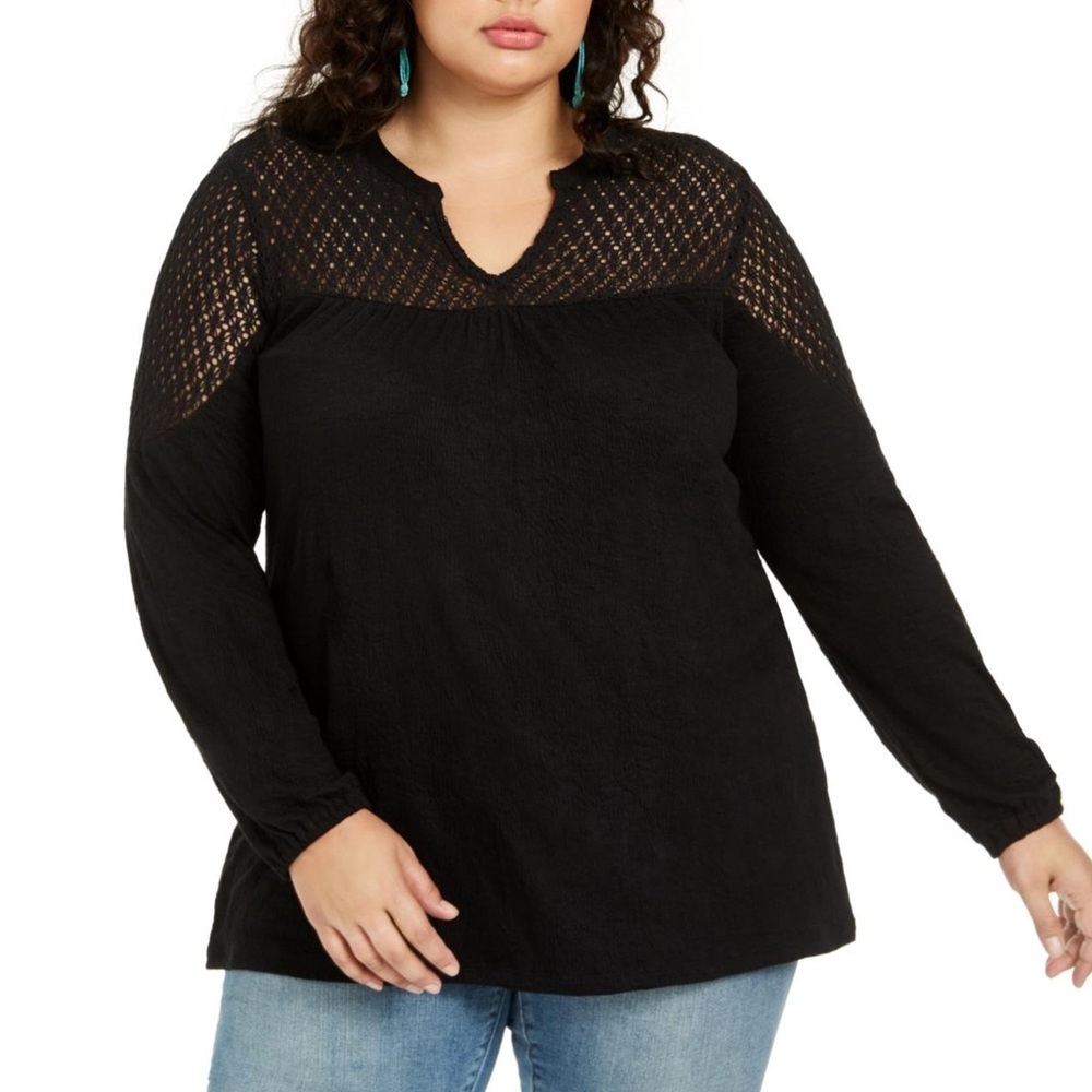 NWT Style & Co Black Lace Shoulder Textured Blouse